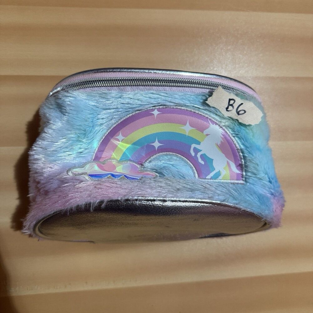 Kids Unicorn Rainbow Girls Makeup Bag Furry Fuzzy Zipper Cosmetic Tote Bag